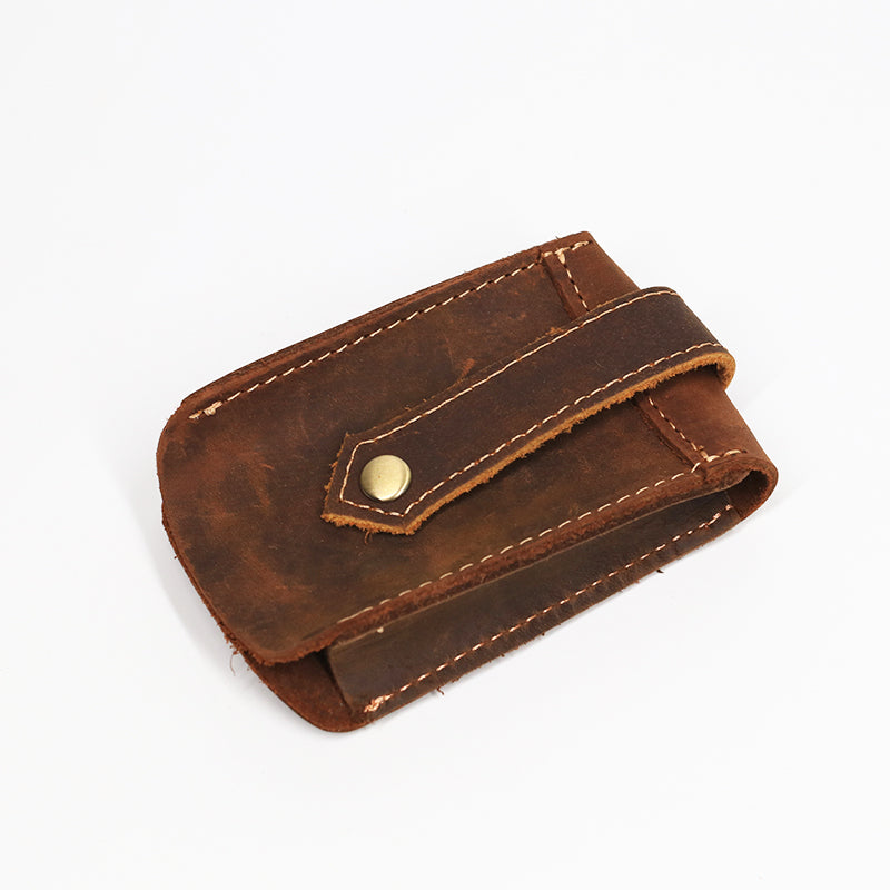 Vintage leather car key pouch – brown – closed pouch shown from above with strap fastener