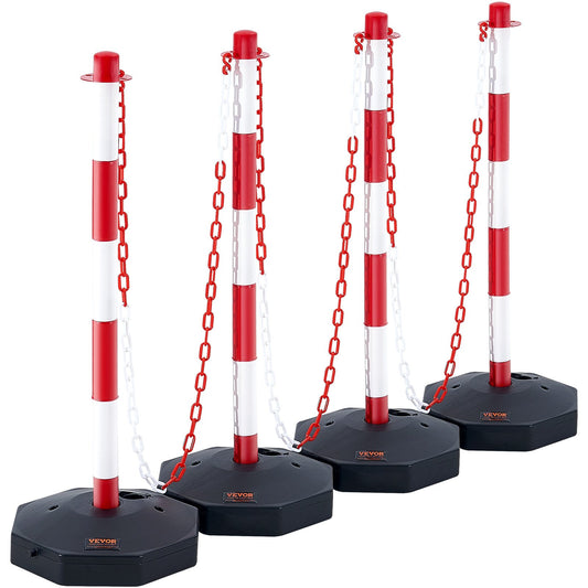 VEVOR Adjustable Traffic Delineator Post Cones, 4 Pack, Traffic Safety Delineator Barrier With Fillable Base 8FT Chain, For Traffic Control Warning Parking Lot Construction Caution Roads, Red & White