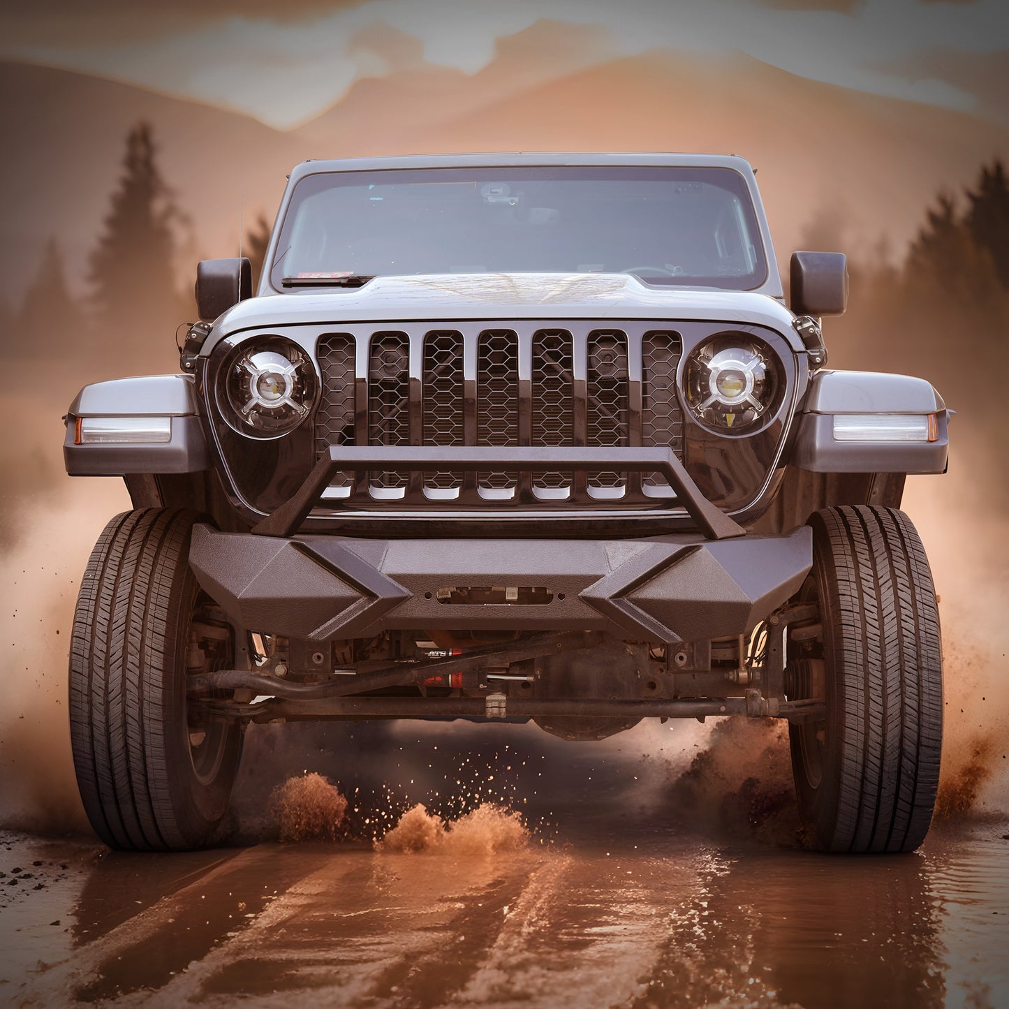 X Style Front Bumper With Winch Plate Compatible With Wrangler JK 2007-2018 Heavy Duty Black Textured Manganese Steel Construction, Perfect For On And Off-Road Used