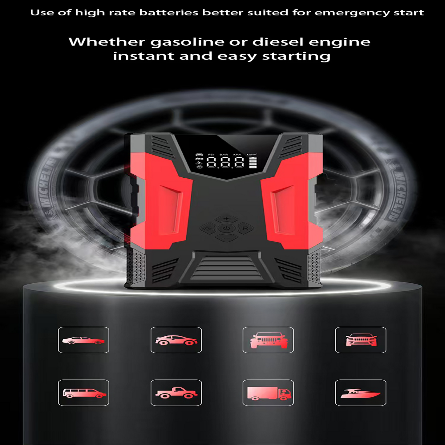 4in1 Multi-functional Car Emergency Jump Starter  12V High-Power Automotive Battery Emergency Jump Starter With Air Compressor Air Pump, Black And Red