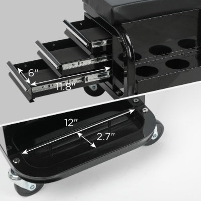 Rolling Creeper Garage Shop Seat With Three Built-in Drawers, Rolling Tool Chest Black