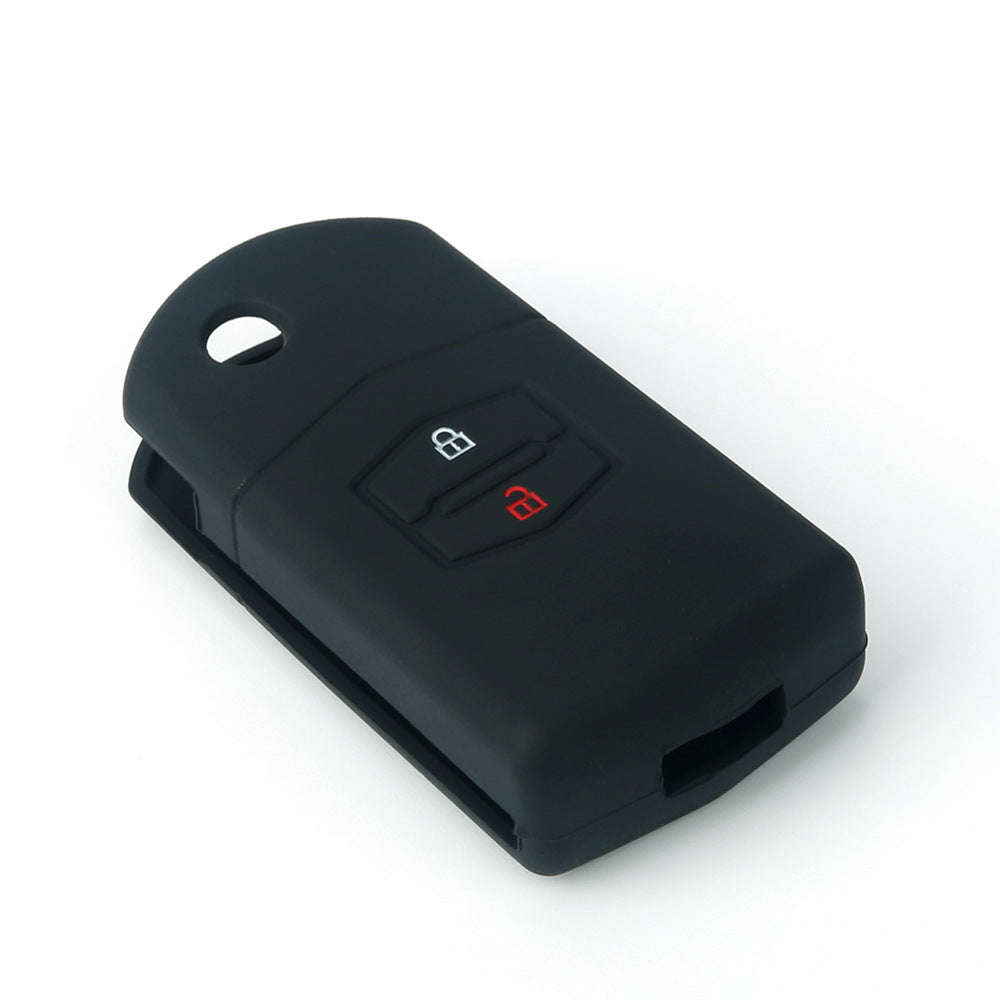 Key fob cover for Mazda 2-button folding keys – silicone – angled view showing both lock and unlock buttons