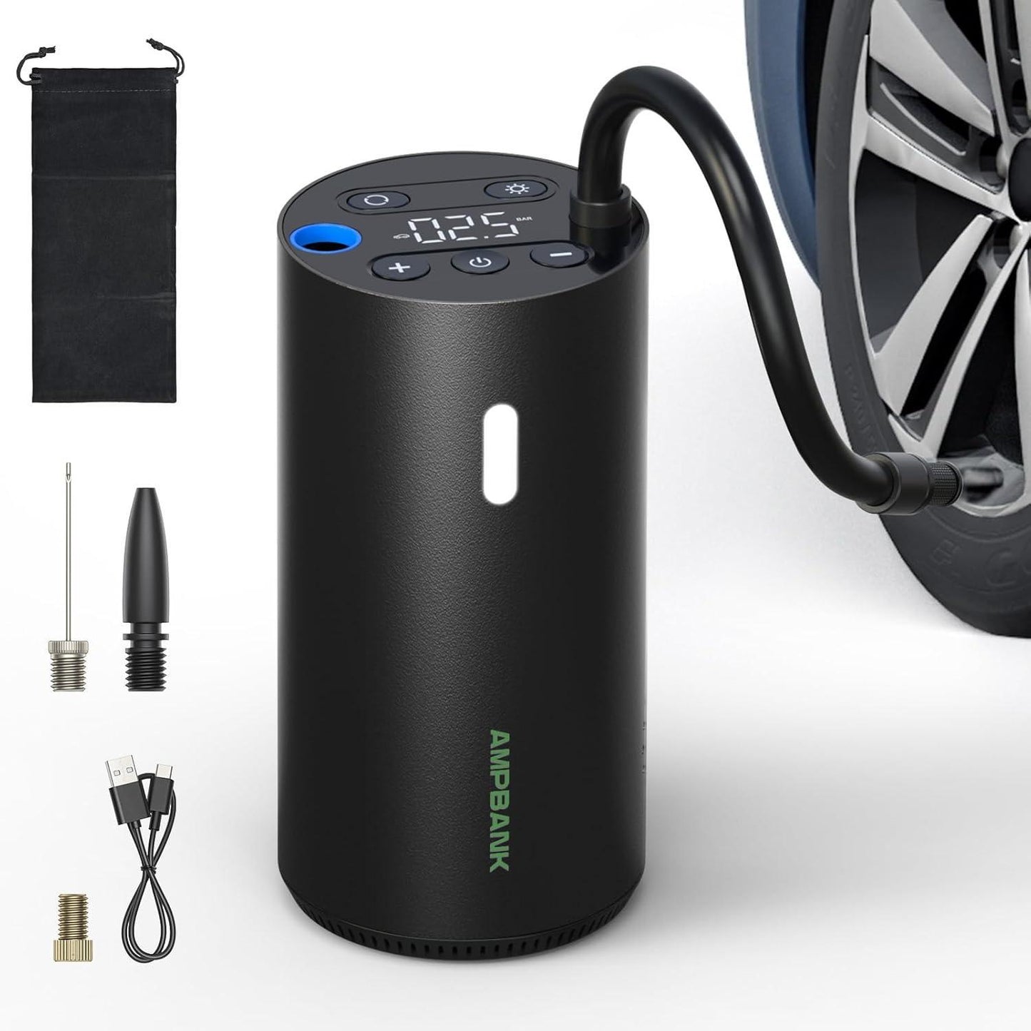 AMPBANK AT004 Smart Portable Tire Air Pump For Cars, Motorcycles, Bicycles And Balls With Pressure Gauge And LED Screen For Fast Inflation