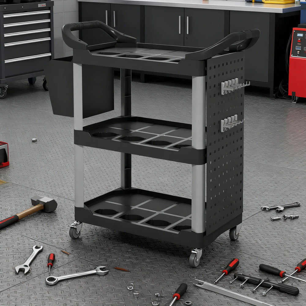 3-Tier Rolling Tool Cart, 200 LBS Capacity Plastic Utility Cart With Side Shelf And Storage Bucket