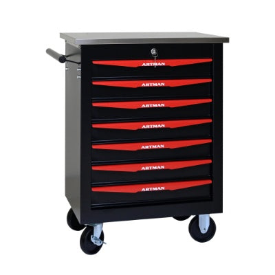 7 Drawers Multifunctional Tool Cart With Wheels,Metal Rolling Tool Cart Storage For Garage Workshop Warehouse Repair Shop--With Stainless Steel Roof- BLACK RED