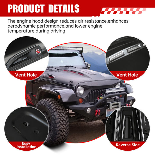 The Avenger Style Replacement Hood Compatible With 2007-2018 J Eep Wrangler JK JKU Unlimited Rubicon Black