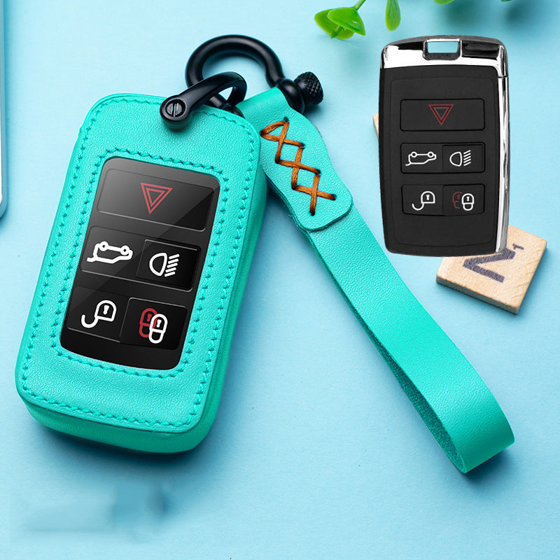 Leather key fob holster for Land Rover keys – mint green leather case with wrist strap beside key fob