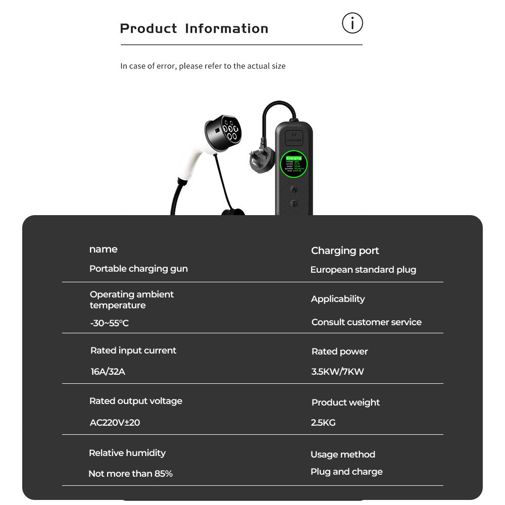 Portable 13A EV charger, UK plug to Type 2 – supplier infographic showing product information and specifications table