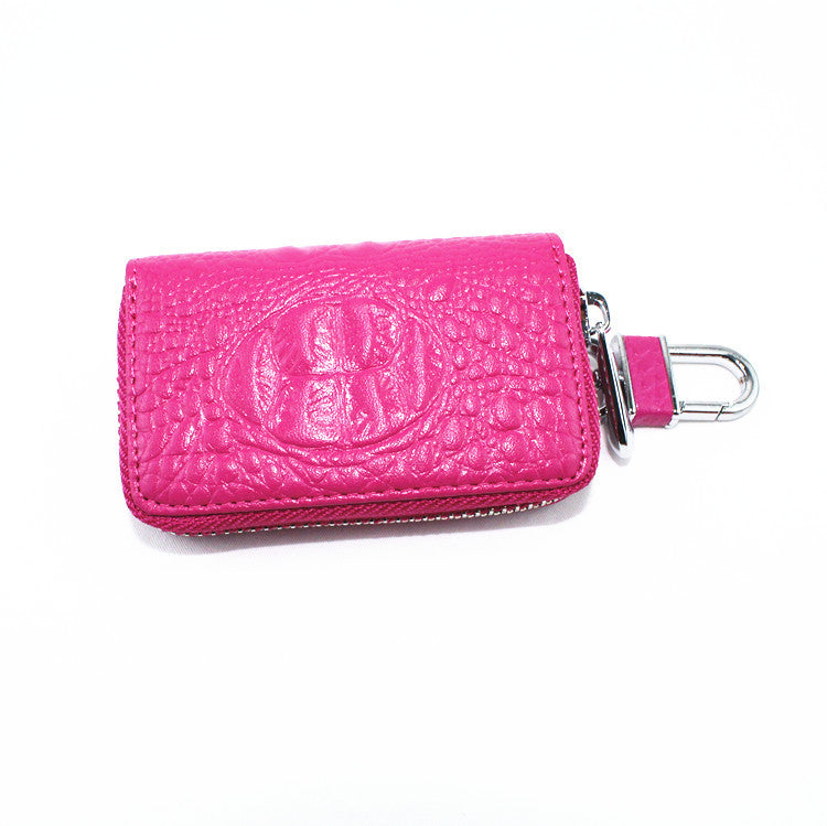 Crocodile-pattern leather car key case – universal – fuchsia case shown closed