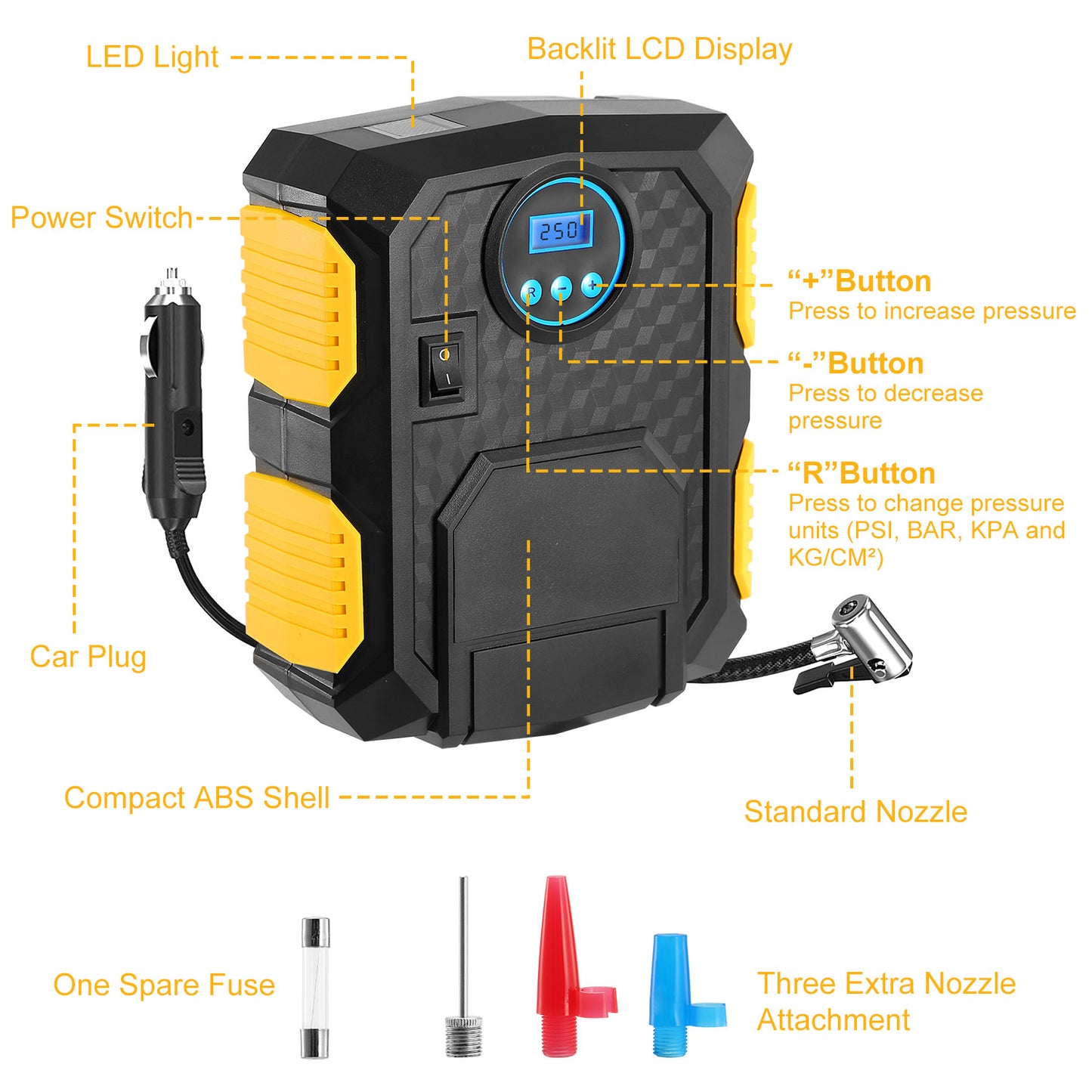 Tire Inflator 12V DC 120W 150PSI With LCD Electric Air Compressor 25L Per Min Large Air Flow