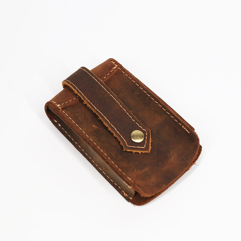 Vintage leather car key pouch – brown – closed pouch with strap, slightly different angle