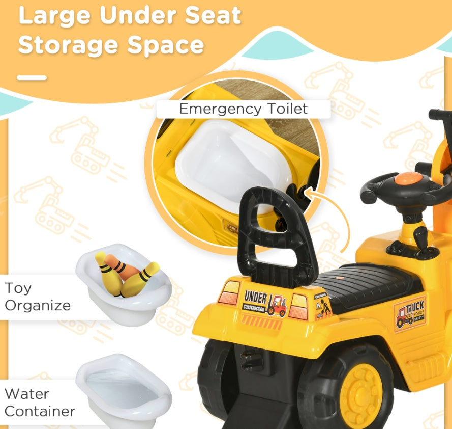 3-in-1 Ride On Excavator Digger Scooter & Pulling Cart, Construction Pretend Play Toy For Kids