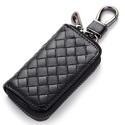 Woven leather car key holder – black version with metal clasp on white background