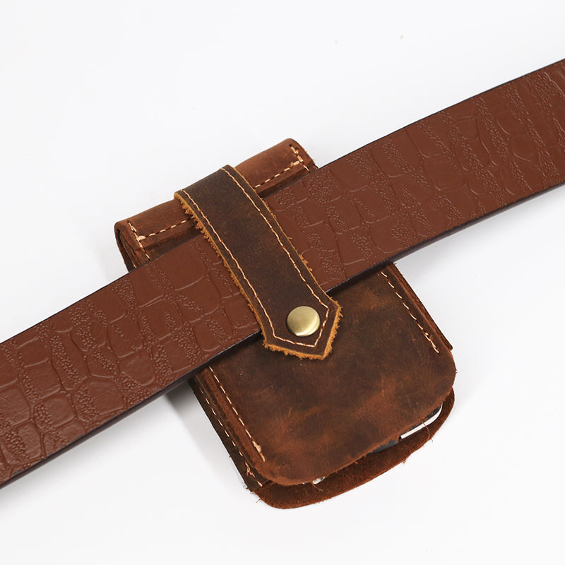 Vintage leather car key pouch – brown – pouch threaded onto brown textured belt
