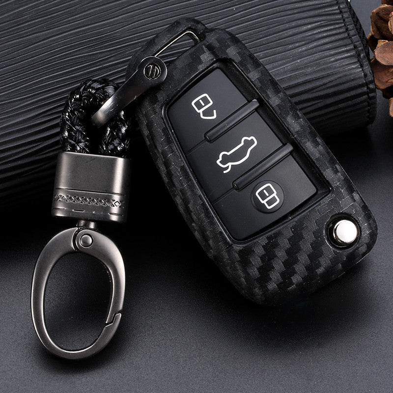 Key fob cover for Audi keys – carbon-look silicone – fitted key fob with braided strap and keyring