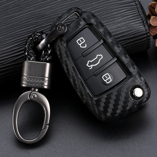 Key fob cover for Audi keys – carbon-look silicone – fitted key fob with braided strap and keyring
