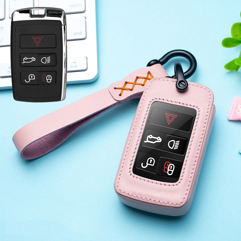 Leather key fob holster for Land Rover keys – pink leather case with wrist strap beside key fob
