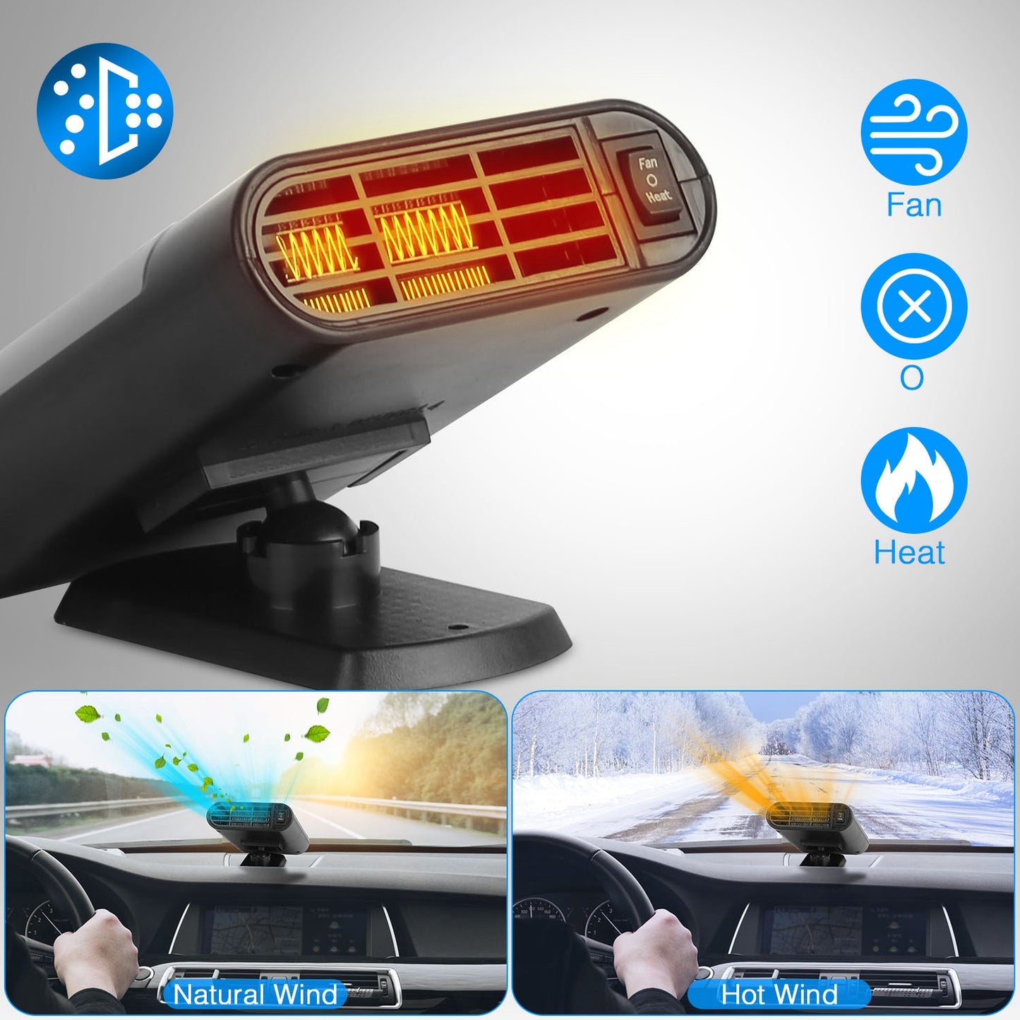 12V 150W Portable Car Heater Heating Fan 2 In 1 Defroster Defogger Demister Windshield Heater Automotive Cooling Fan With Air Purification 360 Degree  Rotating Base