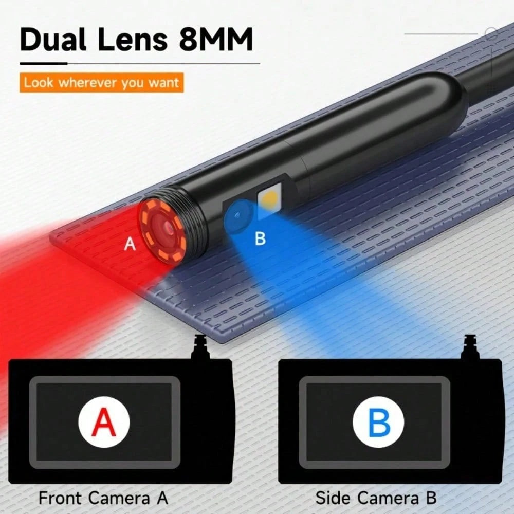 4.3 Inch Dual Lenses Endoscope Camera With Light, With 32GB Memory Card- Waterproof Borescope Camera With 8 Adjustable LED Lights,  LCD Screen, HD 1080P Inspection Camera, 5M Semi-Rigid Cord For Vehic