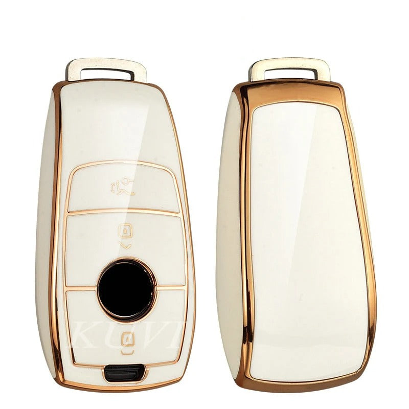 Key fob cover for Mercedes-Benz smart keys – TPU – white and gold cover, front and back view