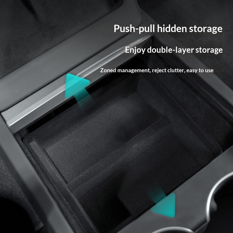 Centre console organiser for refreshed Tesla Model 3 and Model Y – supplier infographic showing push-pull hidden double-layer storage