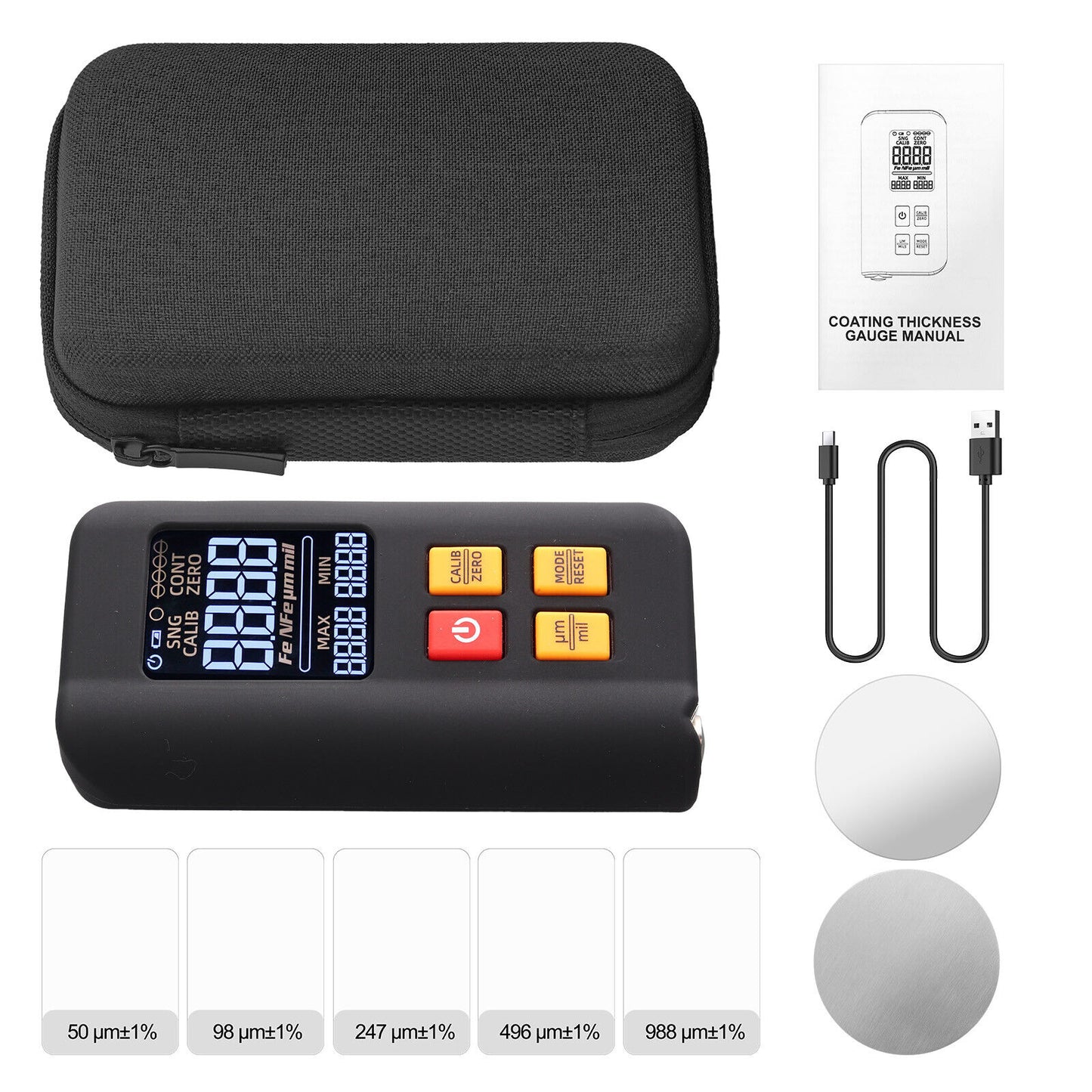 LCD Digital Thickness Gauge Car Coating Paint Film Depth Tester Fe NFe Probe