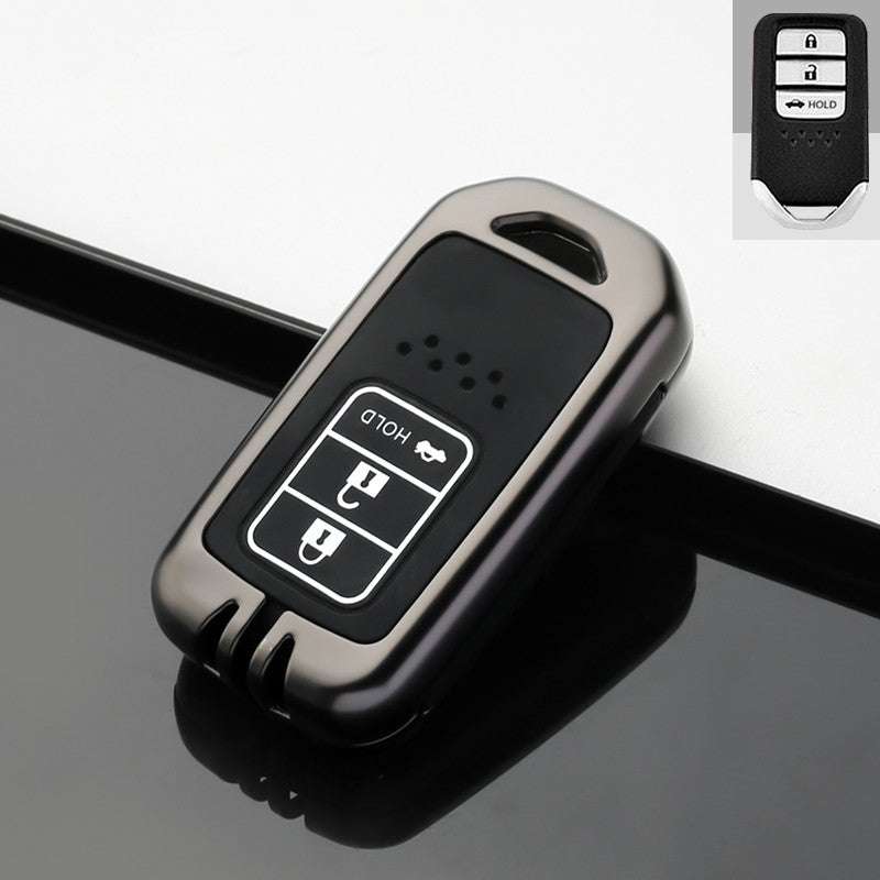 Key fob case for Honda Accord & Civic keys – zinc alloy – four-button case shown at an angle, inset shows original fob