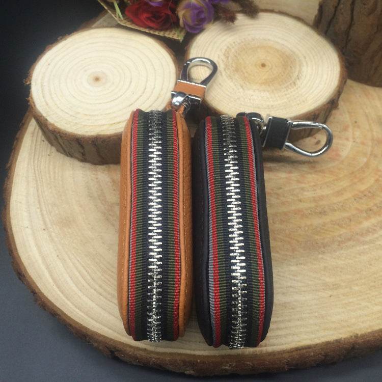 Leather zip car key case – universal – two cases laid flat showing zip detail