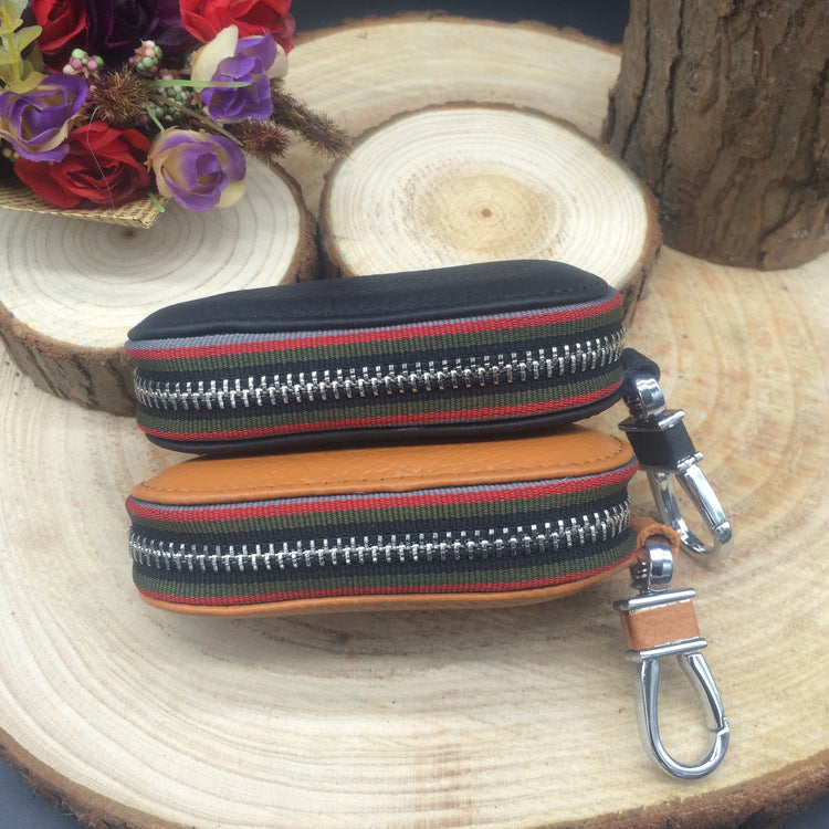 Leather zip car key case – universal – close-up of striped zip trim on both cases