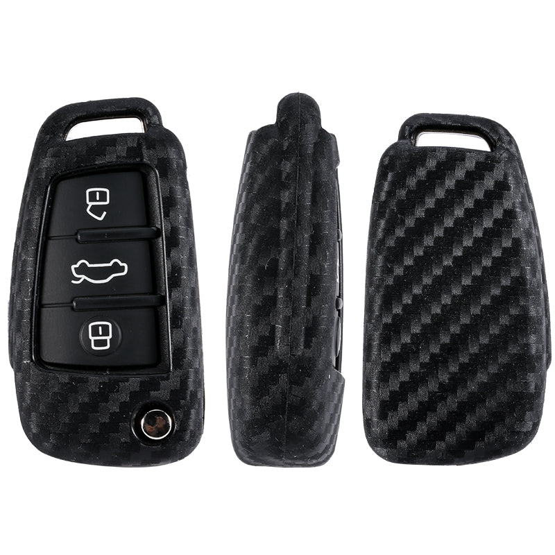 Key fob cover for Audi keys – carbon-look silicone – front, side and back views of the cover