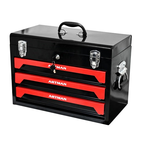 20 Portable 3 Drawer Steel Tool Box With Metal Latch Closure, Black  Red