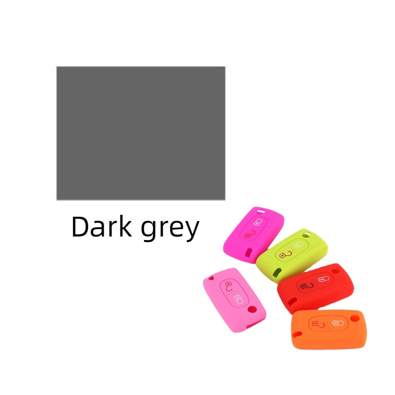 Key fob cover for Peugeot 2-button folding keys – silicone – supplier infographic showing dark grey colour option