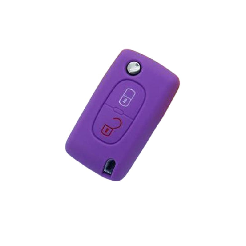Key fob cover for Peugeot 2-button folding keys – silicone – purple silicone cover on white surface