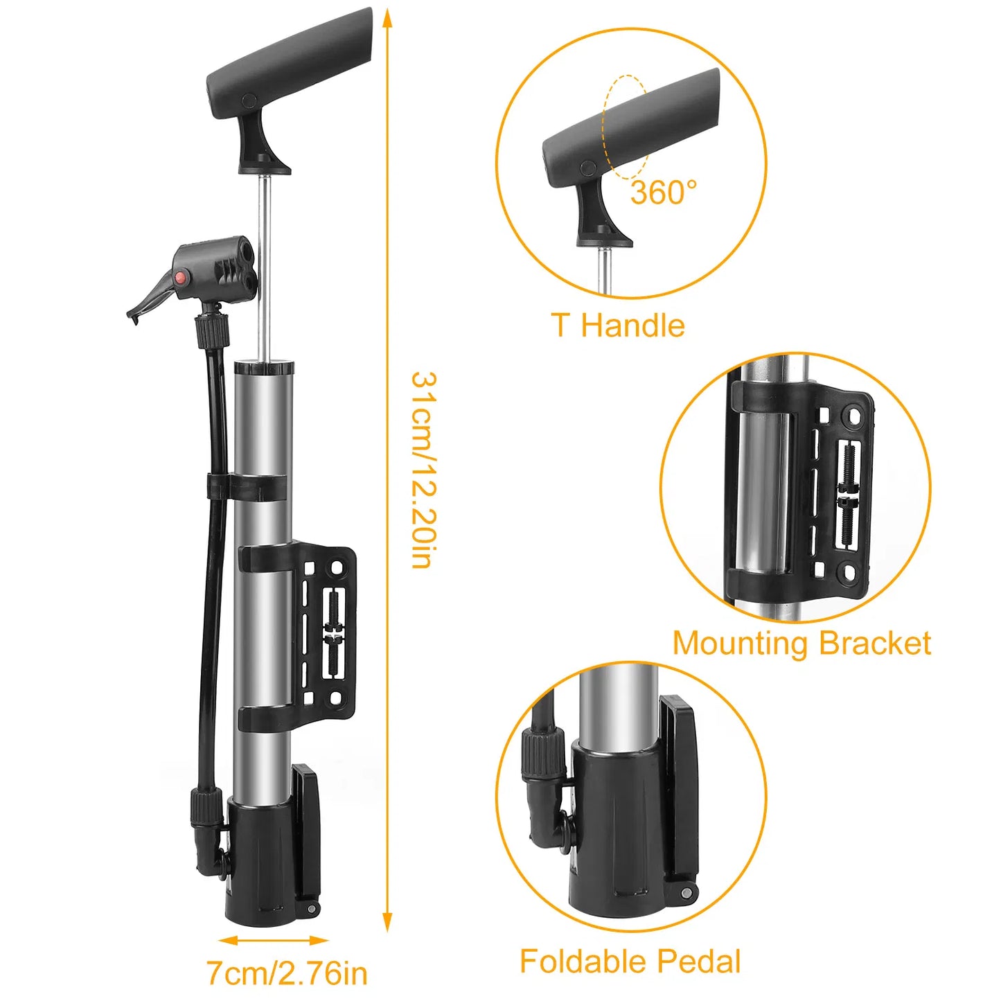 Mini Bike Portable Bicycle Tire Inflator Ball Air W Mount Frame For Mountain Road Bike