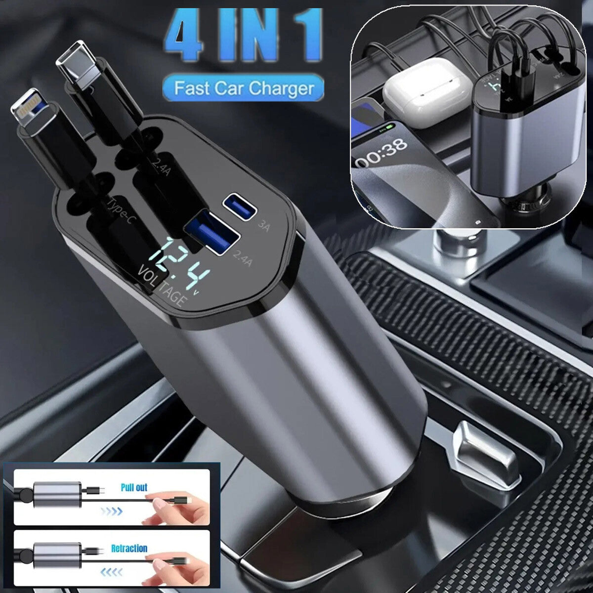 Retractable 4-in-1 Car Charger 120W – Built-in USB-C Cables