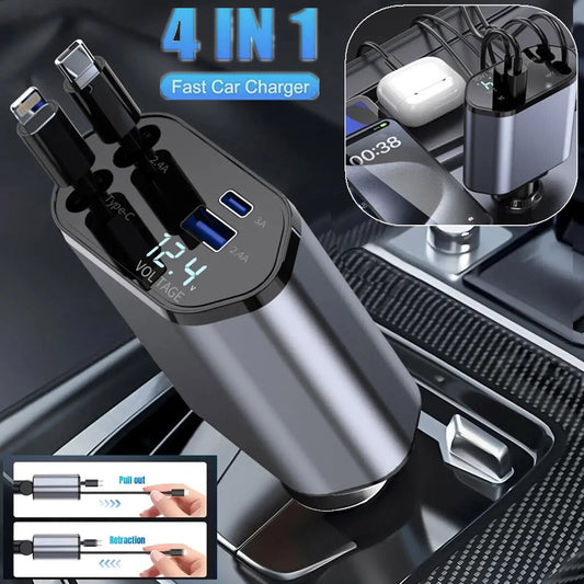 Retractable 4-in-1 Car Charger 120W – Built-in USB-C Cables