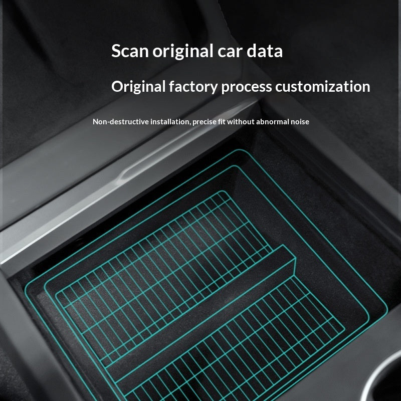 Centre console organiser for refreshed Tesla Model 3 and Model Y – supplier infographic showing custom-fit scanning of original car data