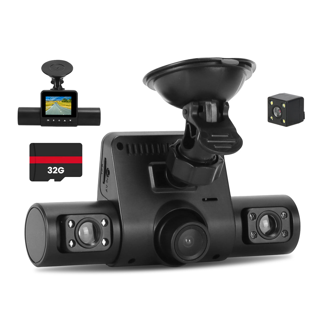 1Pc 360 Degree View FHD 4 Channel Dash Cam 1080P Front 480P Rear Left Right Inside Dash Camera With IR Night Vision Loop Recording Motion Detection Free 32GB MMC Card