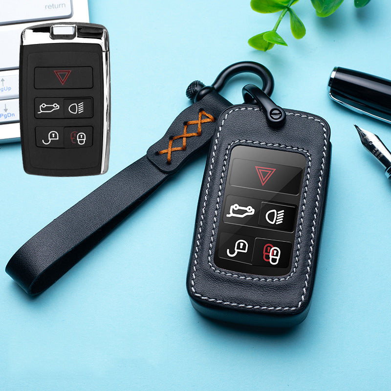 Leather key fob holster for Land Rover keys – black leather case with orange stitching beside key fob