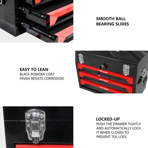20 Portable 3 Drawer Steel Tool Box With Metal Latch Closure, Black  Red