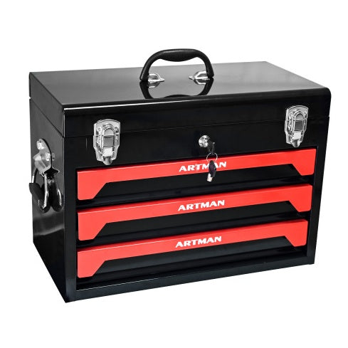 20 Portable 3 Drawer Steel Tool Box With Metal Latch Closure, Black  Red