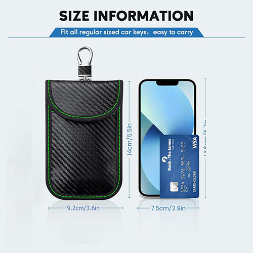 Faraday pouch for car keys – keyless entry signal blocker – supplier infographic showing size dimensions with phone and card