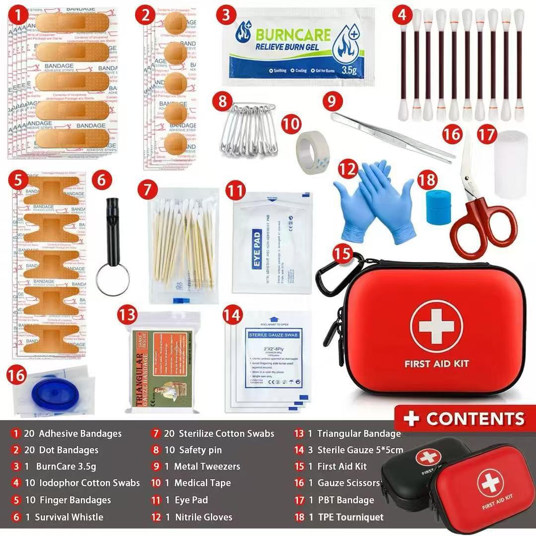Car first aid kit in hard-shell case – supplier infographic showing kit contents and items