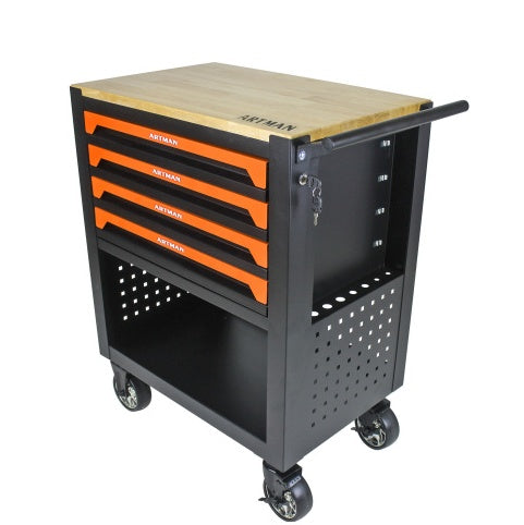 4 DRAWERS MULTIFUNCTIONAL TOOL CART WITH WHEELS AND WOODEN TOP-ORANGE