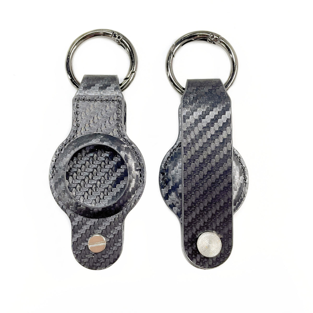 Leather key fob holster with keyring clip – carbon fibre pattern versions front and back view
