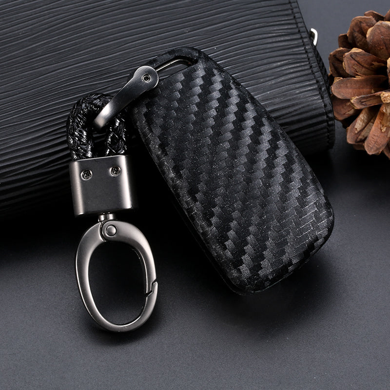 Key fob cover for Audi keys – carbon-look silicone – side view with keychain clasp attached