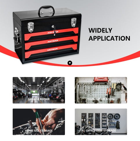 20 Portable 3 Drawer Steel Tool Box With Metal Latch Closure, Black  Red