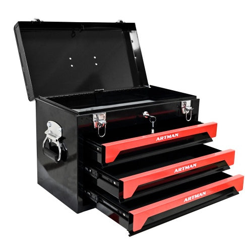 20 Portable 3 Drawer Steel Tool Box With Metal Latch Closure, Black  Red