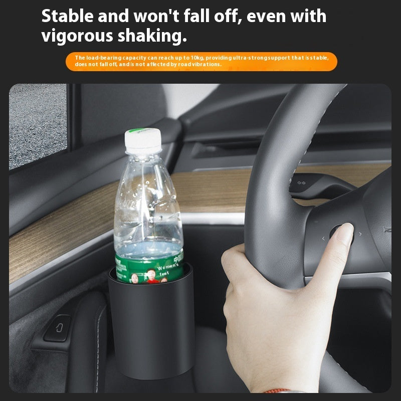 Door pocket cup holder storage box for Tesla Model 3/Y – fitted in car holding a water bottle with stability demo