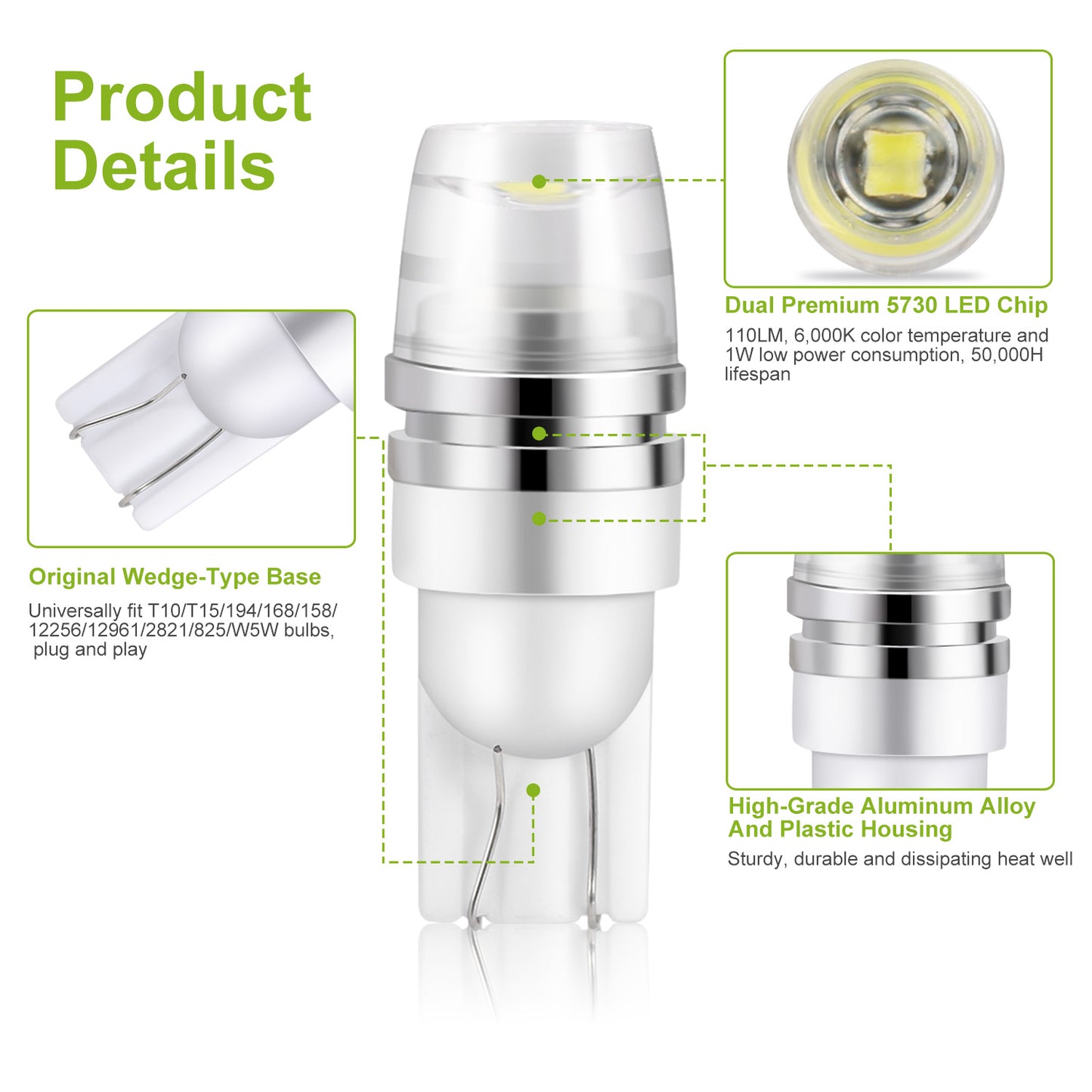 10PCS T10 LED Bulbs 194 LED Lights 12V 1W 5730 Xenon White Wedge Base LED Replacement Bulbs For License Plate Parking Position Interior Lights